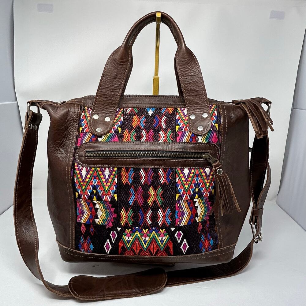 Large Handbag Crossbody Guatelmalan Leather Embroidered Colorful Huipil Artisan